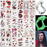 Fake Vampire Teeth with Tattoos, Vampire Teeth Adults Children Halloween Temporary Tattoos (Includes a Luminous Vampire Teeth) Halloween Party Carnival Decorations