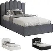 ALFORDSON Bed Frame with Gas Lift Storage Base King Single Size, Bed Platform Foundation with Linen Fabric Upholstered Tufted Headboard for Mattress Topper, Milton Fabric Grey