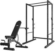 LSG GBH-300 Power Rack + GBN-006 14-Level FID Exercise Bench with Heavy Duty Steel Tubing, Chin-Up Bar, J-Hooks, Dip Attachments, Safety Spot Bar, Resistance Band Pegs, Standard & Olympic Barbells