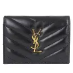 【YSL】MONOGRAM V型羊皮金LOGO翻蓋短夾(黑色/拉鍊層)