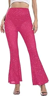 [ZGMYC] Women Rave Sheer Mesh Shiny Pants Flared High Waist Bell Bottom Pants for Party Dance Festival