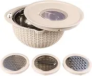Rotatable Stainless Steel Colander Bowl Set with Slicer and 3 Grating Attachments, Ideal for Rinsing Vegetables, Fruits, Filtering Pasta, Prepping and Storing Food (Beige)