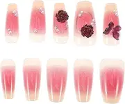 minkissy Medium Length Ballerina Fake Nails with Crystal Butterfly and Camellia Pearl 24pcs Red Short Press on Nails for Halloween Decorations