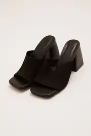 Black Square Toe Chunky Heeled Mule Sandals