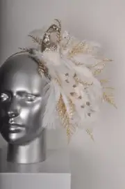 White Cream Pearl Gold Glitter Peacock Feather Fascinator Headband Crown
