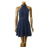 AIDAN MATTOX Women's Navy Crepe And Lace Mockneck Halter Cocktail Dress 0 TEDO