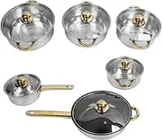 Cookware Set with Gold Handles, Stainless Steel Full Frying Pan Saucepan Pot Set for Energy Efficient Cooking Compatible with All Stovetops, Pot Set for Kitchen and Restaurant (Golden Handprint)