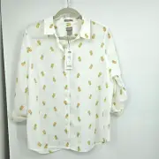 Chicos Blouse Top Size Large White Pineapples Linen Floral Button Up