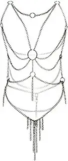 [HNJZX] Tassel Body Harness Chain Cross Seductive Tassel Body Link Harness Metal Chain Sexy Underwear Set Sz. medium