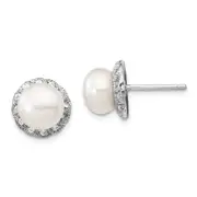 Sterling Silver Cheryl M Rhodium-Plated White Freshwater Cultured Pearl And Brilliant-Cut Cz Post Earrings
