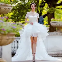 在飛比找Yahoo!奇摩拍賣優惠-2018天使嫁衣春夏新款婚紗 時髦少女仙氣範兒立體廓形前短後