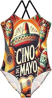 [RPLIFE] Mexico Cinco De Mayo Child Girl Swimsuit with Adjustable Shoulder Strap, Beach Bathing Suit, 3-10