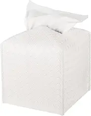 Tissue Box Cover PU Leather Tissue Holder Square Facial Tissue Case Facial Paper Organizer Dispenser for Bathroom, Vanity Countertop, Tabletop, Car (White, 12 * 12 * 12cm)