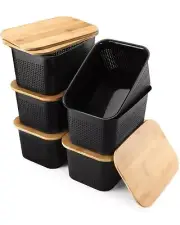 Plastic Storage Bins with Bamboo lids and Stackable Storage Baskets for Shelv...