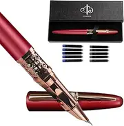 Refillable Fountain Pen Fine Nib, Fancy Ink Pen with 5 Black & 5 Blue Ink Refills Cartridges, Luxury Calligraphy Pens for Writing, Business Metal Pen for Work, Best Pen Gift Set for Men & Women, Red