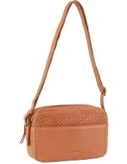[PIERRE CARDIN] Diamond Pattern Embossed Leather Crossbody Bag in Apricot