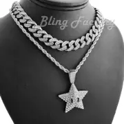 Hip Hop Silver PT Mario Star & 24" Rope Chain & 18" Iced Cuban Necklace Set