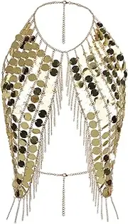 [TINAYAUE] Shiny Sequin Tops Women Sexy Punk Top Metallic Tassels Sparkly Crop Top for Nightclub Pool Party Beach Campfire