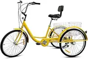 Tricycle for Adults, Adult Tricycle 24in Adult Bicycle High Carbon Steel Frame with Seat Backrest & Large Basket for Seniors Women Men