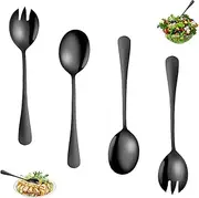 [ANYUANKW] Set of 4 Salad Servers Black Salad Spoon and Salad Fork Stainless Steel with Long Handles Salad Servers Set for Family, Hotels, Restaurants