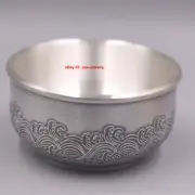 Solid 999 Fine Silver Tea Cup Heat Insulation Wave Pattern Chinese Small Bowl