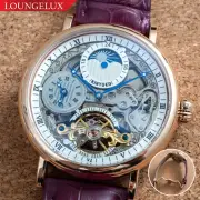 Mens Rose Gold Dual Time Skeleton Automatic Mechanical Watch Purple Leather
