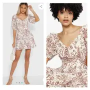 Ted Baker Elizaaa White Brown Eyelet Floral Puff Sleeve Mini Dress TB 0/US 2 NWT