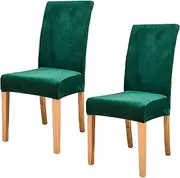 Jusmate Velvet Chair Covers for Dining Room, Soft Velvet Plush Stretch Dining Chair Slipcovers, Washable Removable Parsons Chair Protectors Set of 2, Green