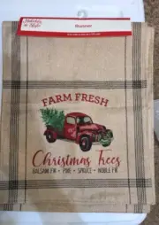 Holiday Burlap Table Runner Christmas Trees Farm Fresh Red Truck 13" x 68"