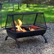 Fire Pit Steel Rectangle Grill 36" Trapezoid Spark Screen Vinyl Cover Wood Coal