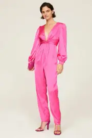 Mac Duggal Pink Plunge Neck Long Sleeve Satin Jumpsuit Size 12 $358