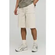 Mens Ecru Regular Fit Panelled Back Pocket Embroidered Jorts