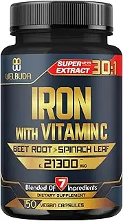 Iron Supplement with Vitamin C - 7 Premium Ingredient with Beet Root, Spinach, Kale, Swiss Chard & Pumpkin Seed - 150 Capsules for Iron Levels, Body Balance, Natural Mood & Immune Support