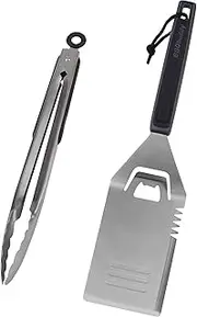 BBQ Buddy 2 Piece Tool Set - Tongs and Grill Spatula for Outdoor Grill - Stainless Steel BBQ Set with Ergonomic Handles and Bottle Opener - BBQ Tools
