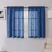 Simplebrand Dusty Blue Sheer Curtains 54 Inch Length 2 Panels, Geometric Mid Century Jacquard Clip Textured Short Curtains Sheer for Living Room, Light Filtering Rod Pocket Curtains, 42Wx54L Inches