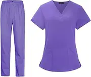 [simhoa] Scrubs Set for Women, Soft with Pocket Short Sleeved V Neck Solid Color Breathable Classic Scrub Top and Pants Set, Nurse Uniform Workwear