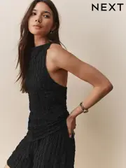 Black Textured Strappy Square Neck Top (H21634) | $53