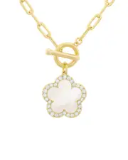 JanKuo Flower 14K Plated Mother-Of-Pearl CZ T-Bar Necklace