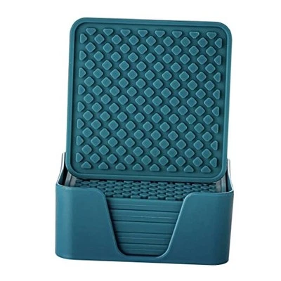 Silicone Drink Coasters with Holder, Set of 6, for Tabletop Protection Teal