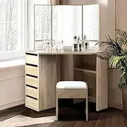Artiss Dressing Table Corner Set Mirror Makeup Stool Wooden Vanity Desk Chair, Home Bedroom Furniture Oak Girls Kids Women Organisers, Drawers Wide Tabletop with Legs Floor Standing