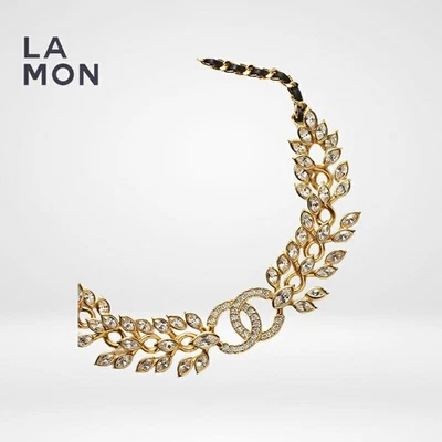 CHANEL Necklace Coco Mark Metal Leather Stras Gold Black