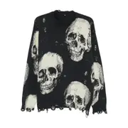 [R13] R13 Skull-print Frayed Sweater M BLACK