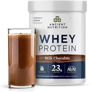 Ancient Nutrition Grass Fed Whey Protein, Milk Chocolate, 23g Protein, 20 Servings, Hydrolyzed Collagen Peptides, Organic Regenerative A2/A2 Milk Protein