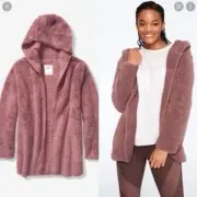 (R3) NEW Victoria Secret PINK SHERPA Cardigan M L Cocoa Hooded Jacket Powder