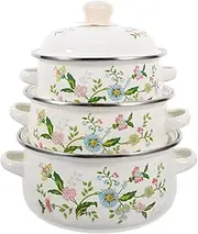 3pcs Set Enamel Floral Retro Cooking Pot - Kitchen Noodle Simmering Milk Pan, Chinese Stew Soup Casserole, Canning Amphora Vintage