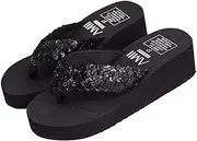 [WRITWAA] Large Size Slides Non-slip Wedge Heel Grips Fashionable Thong Sandals Sequined Platform Flops for Casual Wear