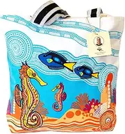 [Generic] Aboriginal Tote Bag, Shopping Bag, Beach Bag - Seahorse (Blue Tang Serenade) - Australia, Indigenous, Souvenir, Gift