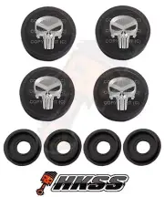 4 Black Custom License Plate Frame Tag Screw Cap Covers - PUNISH SKULL 2BX