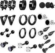[VELESAY] 12 Pairs Men's Black Earrings Men Stainless Steel Hypoallergenic Earrings Stud Earrings Women's Cubic Zirconia Hoop Earrings Piercing Cartilage Earrings for Men Boys
