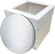 LARRYROO Tall White Cake Box Extra Deep with Clear Display Window & Silver Round Cake Drum Board Combo (12")
